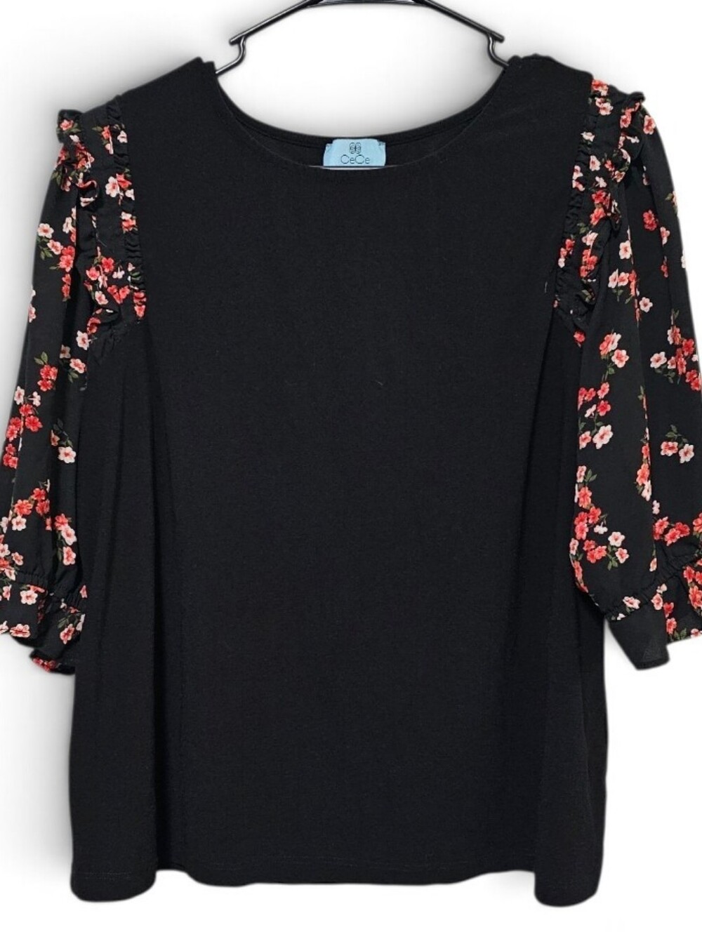 CeCe Baloon Sleeve Top Floral Chiffon Black Size L
